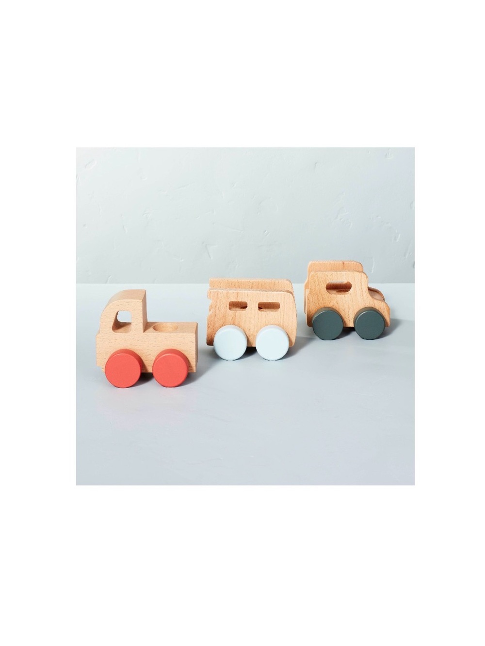 Hearth & Hand Natural Wood Toy Truck Trio with Red, White, and Dark Green Wheels
